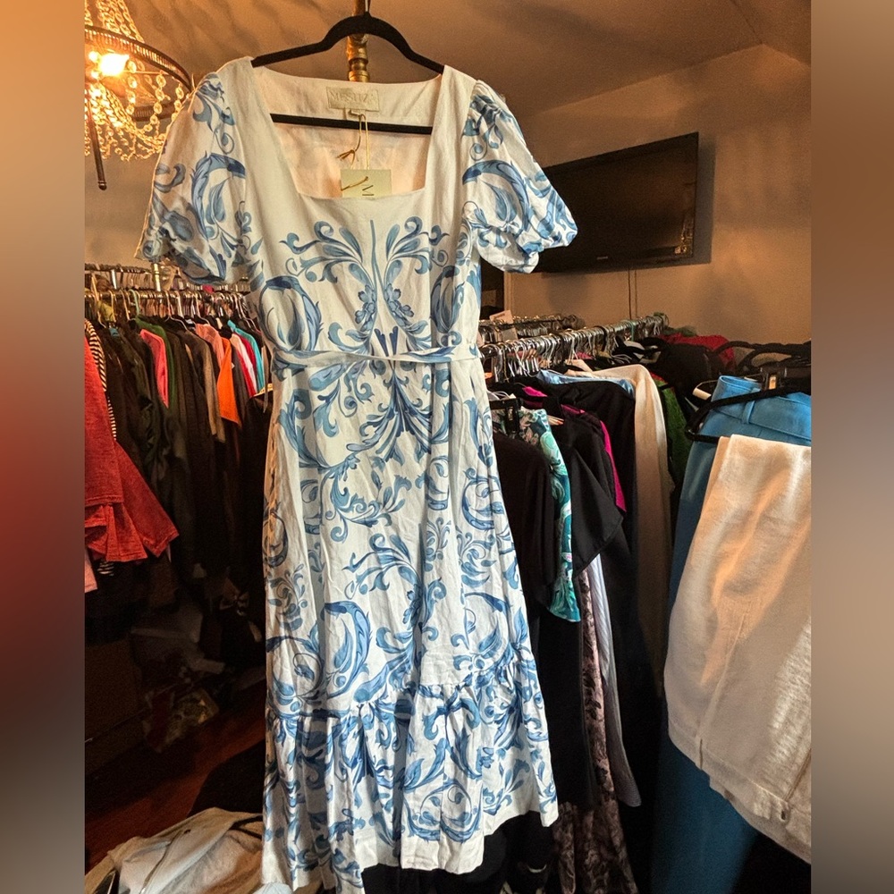 Blue and White Ruffled Wrap Midi Sundress